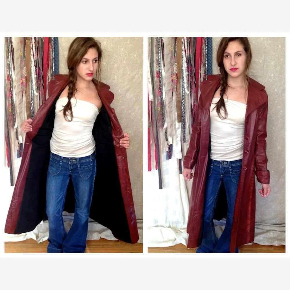 Vintage 70’s Long Leather Trench Coat Penny Lane Oxblood Belted Maxi Boho Jacket - Picture 11 of 17